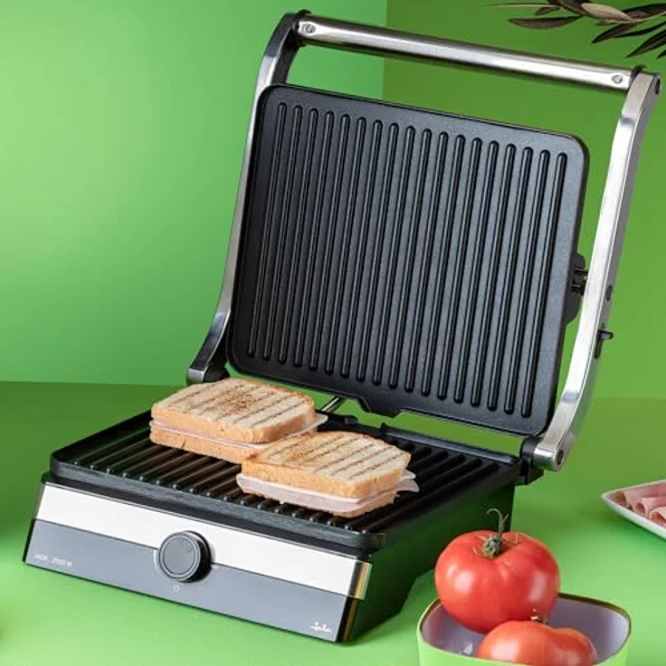 JATA JEGR1596 Elektrogrill mit 2000 W, geriffelten antihaftbeschichteten Platten, 29 x 23,6 cm, neigbarem Deckel und Auffangschale – Bild 2