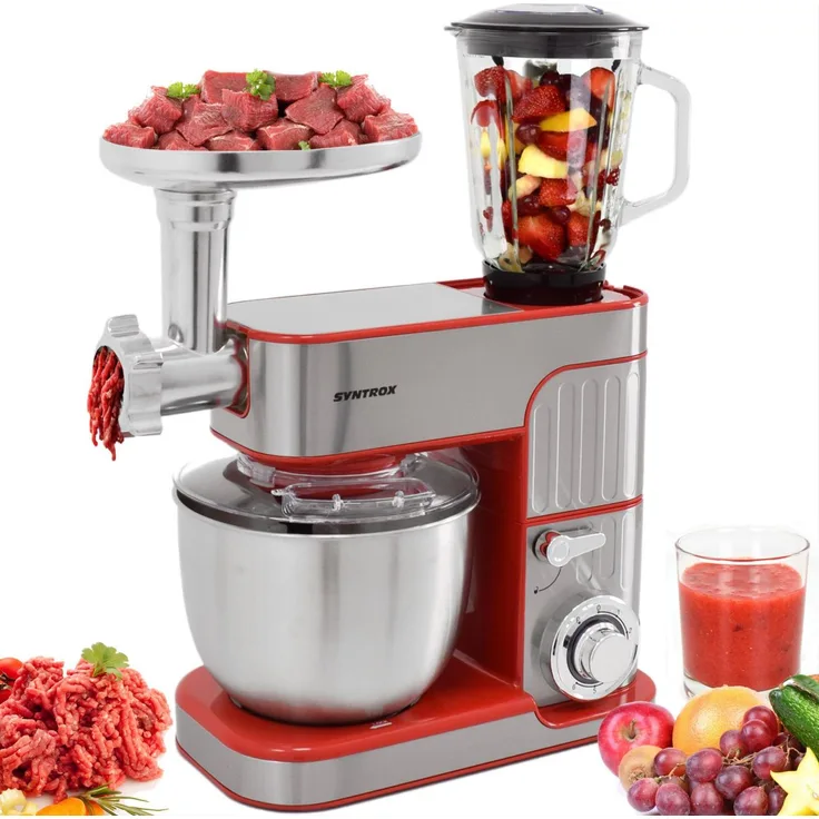Syntrox Küchenmaschine de Luxe 5,5 L, Knetmaschine mit Fleischwolf, rot