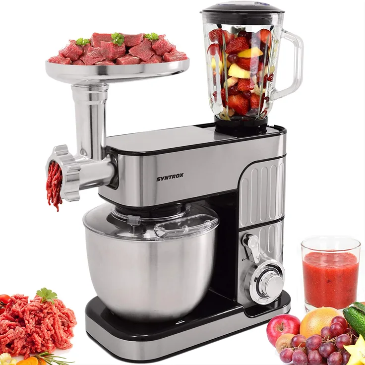Syntrox Küchenmaschine de Luxe 5,5 L Edelstahlschüssel, 1300W, silber, schwarz