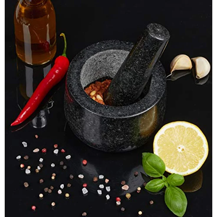 Relaxdays Granit Mörser mit Stößel, robust & langlebig, Gewürze, Kräuter, polierter Steinmörser, Ø 12 cm, 300ml, schwarz – Bild 4