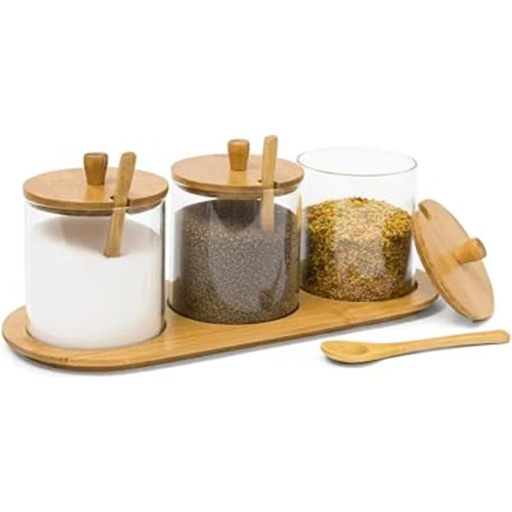 Relaxdays Gewürzgläser JIAO HBT: 12 x 31 x 12 cm Bambus Gewürzhalter für 3 Gewürzbehälter aus Glas mit passenden Löffeln als Alternative zu Gewürzständer und Gewürzregal für Küche und Esstisch, natur – Bild 9