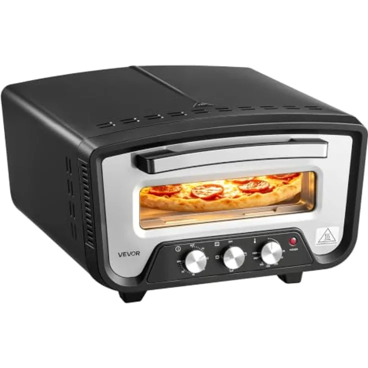VEVOR Elektrischer Pizzaofen für Ø 30,5 cm (12 Zoll), 2200 W, 430 °C, Kaltgewalztes Stahl-Gehäuse, mit Pizzastein und separater Temperatur- und Zeitregelung