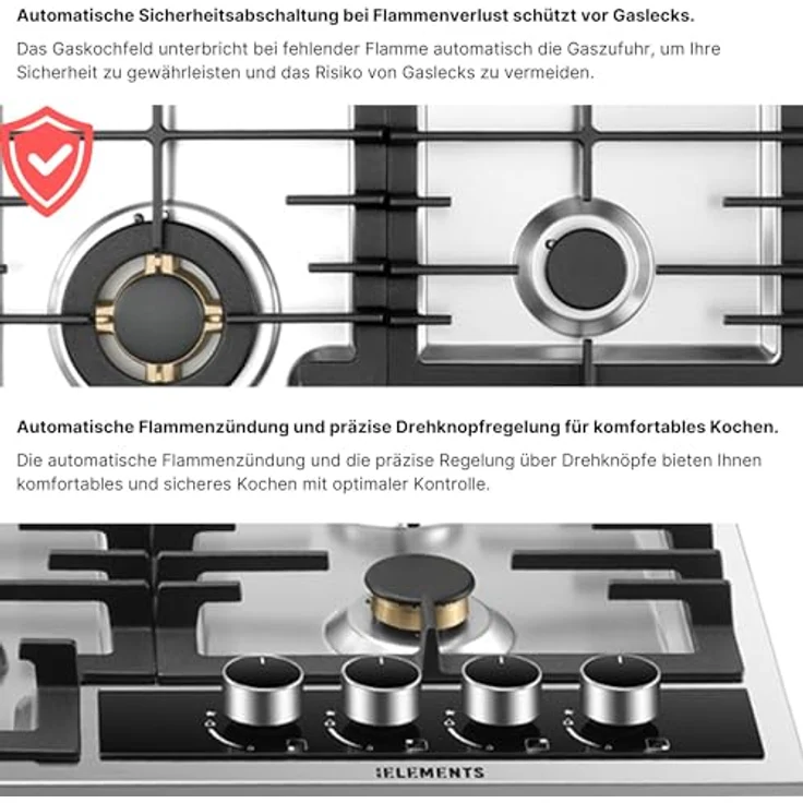 KB ELEMENTS Gaskochfeld ELK60GH2, 4-flammig mit Vollkupfer-Brenner, 60cm, Wok-Dreifachbrenner, Edelstahl 304, automatische Sicherheitsabschaltung, LPG/NG – Bild 5