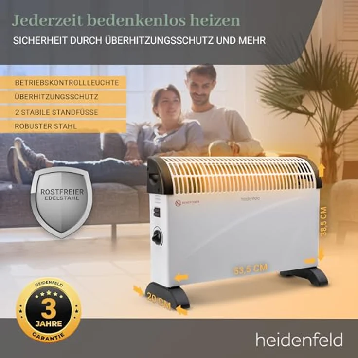 Heidenfeld elektrische Konvektorheizung HL200 | 3 Jahre Garantie - 2000 Watt - Konvektor - Thermostat - Frostwächter - Elektroheizung - Heizung - Heizlüfter - Bis 25 m² (Ohne Turbo, ohne Timer) - Rostfreier Stahl – Bild 4