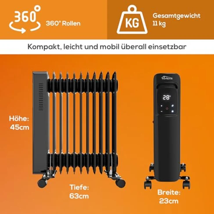 Tronitechnik® Ölradiator TT-OR 311 Elektroheizung Schwarz 3 Heizstufen 11 Rippen Energiesparend Thermostat Überhitzungsschutz – Bild 5