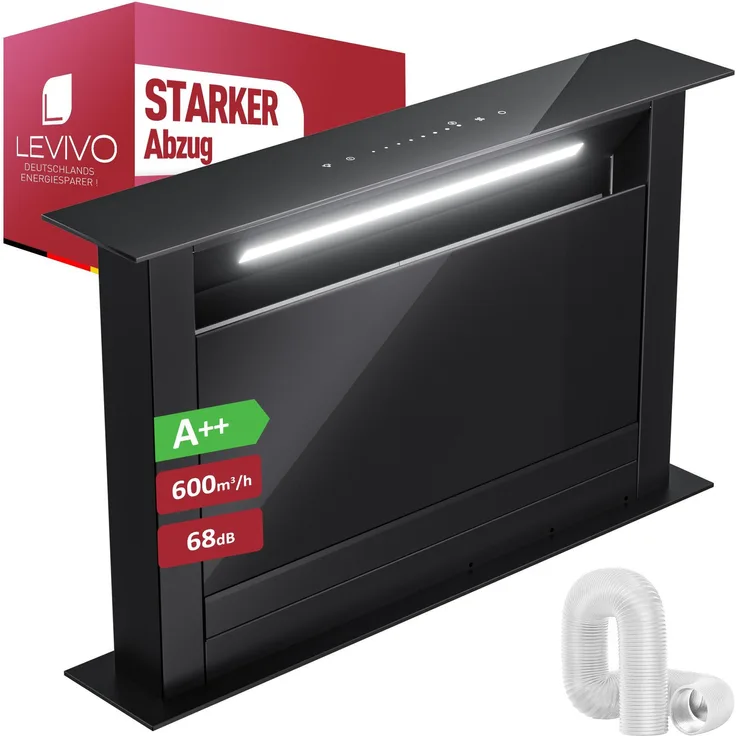 LEVIVO Downdraft Dunstabzugshaube 60cm, versenkbar, 600 m³/h Luftleistung, Umluft & Abluft, 2 Aktivkohlefilter, 2 Fettfilter, energieeffizient, GS-zertifiziert