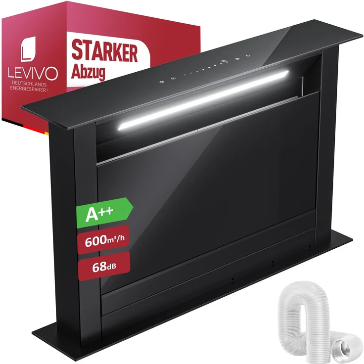 LEVIVO Downdraft Dunstabzugshaube 60cm, versenkbar, 600 m³/h Luftleistung, Umluft & Abluft, 2 Aktivkohlefilter, 2 Fettfilter, energieeffizient, GS-zertifiziert