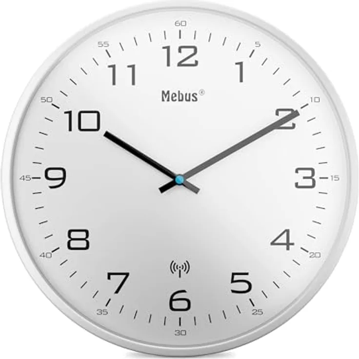 Mebus Funk-Wanduhr Modell 13080, 30 cm, lautlos, weißer Rahmen und weißes Zifferblatt, ideal für Wohnzimmer und Küche