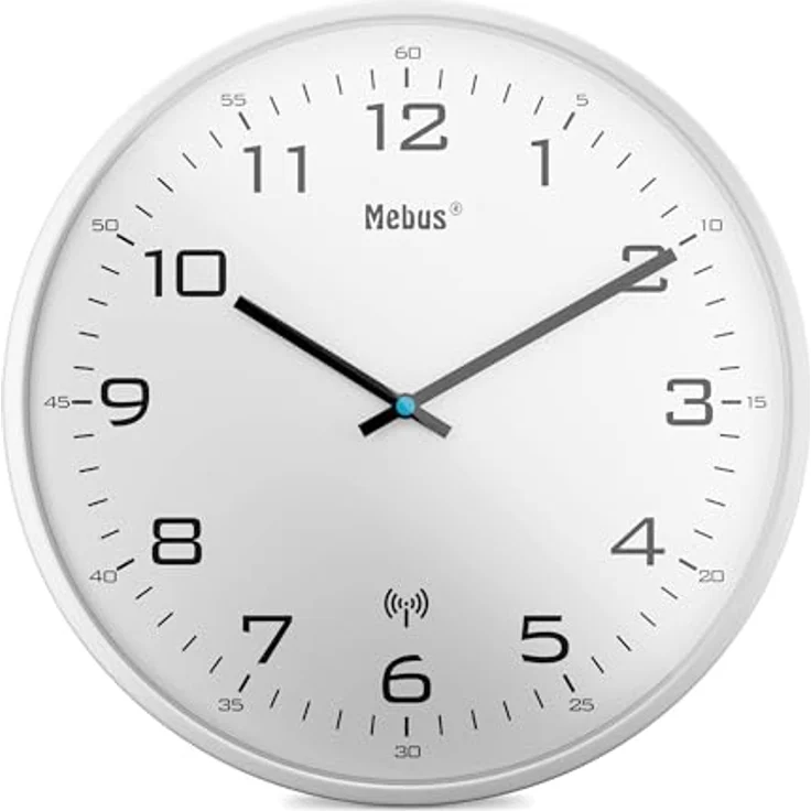 Mebus Funk-Wanduhr Modell 13080, 30 cm, lautlos, weißer Rahmen und weißes Zifferblatt, ideal für Wohnzimmer und Küche – Bild 1