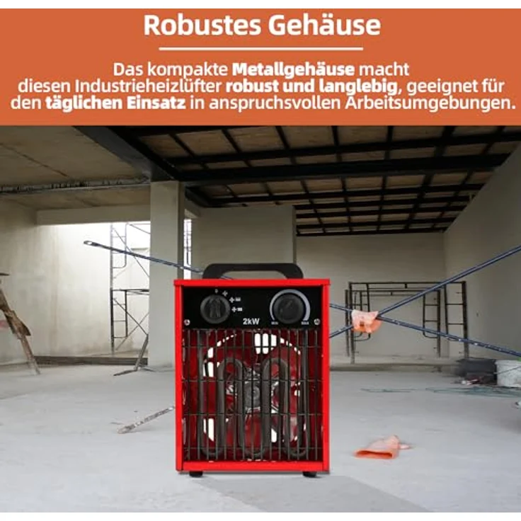 SHX Industrie-Heizlüfter 2000W SHX308HEAT2022 – 2000 Watt, rostfreies Stahl-Heizelement, 3 Betriebsmodi, spritzwassergeschützt, einstellbares Thermostat, Überhitzungsschutz, Tragegriff, rot/schwarz – Bild 3