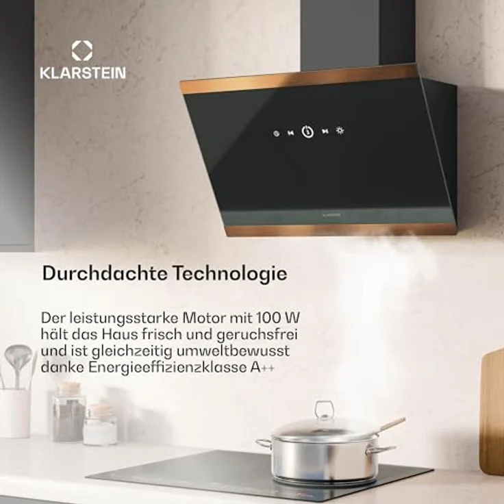 Klarstein FlashLine 60 Dunstabzugshaube - Touchscreen, 524 m³/h, A++ Energieeffizienz, LED-Beleuchtung, Leise 34,5 dB, Schwarz & Kupfer – Bild 3