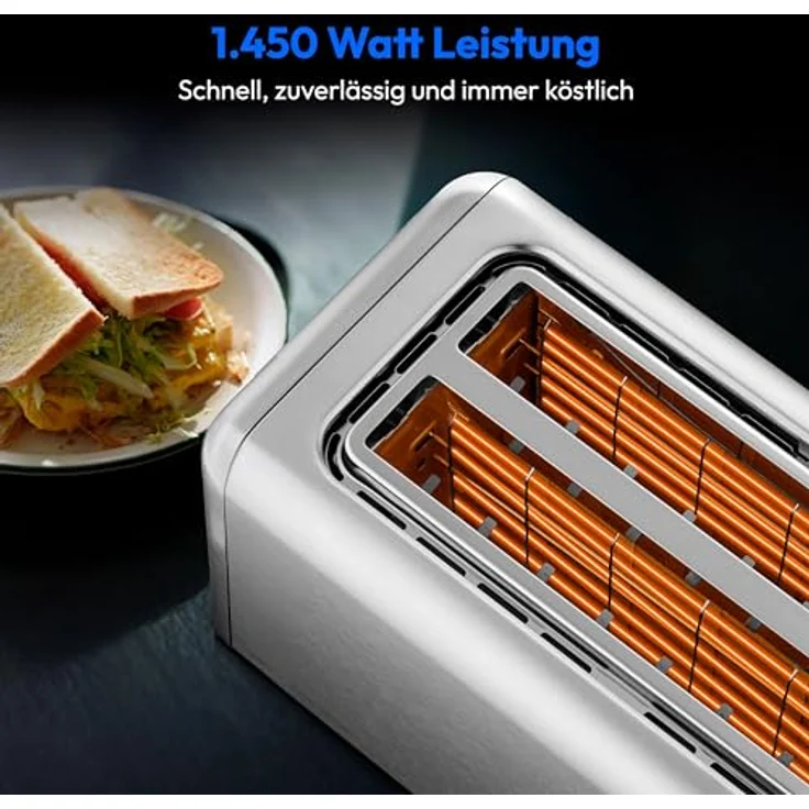 MEDION Toaster MD 12103, 4-Scheiben Toaster mit Brötchenaufsatz, 7 Bräunungsstufen, 5 Automatikprogramme, 1.450 Watt, Edelstahl Matt, Silber – Bild 3