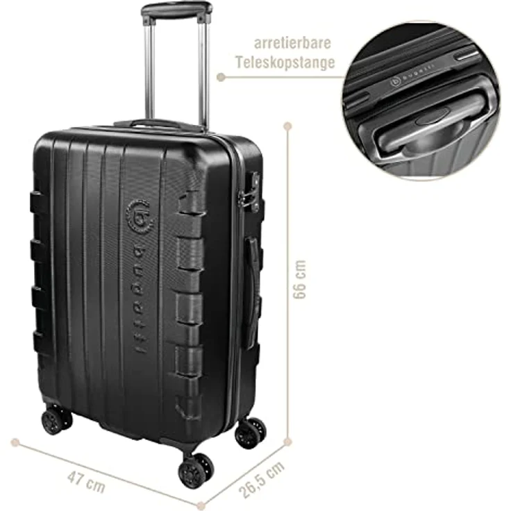 bugatti Galatea Hartschalenkoffer 66x47x26,5 cm - 65L, 4 Rollen mit TSA Zahlenschloss, schwarz – Bild 3