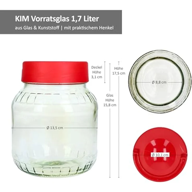MamboCat 2er Set Kim Vorratsglas 1,7L mit rotem Kunststoffdeckel und Henkel zur praktischen Aufbewahrung von Lebensmitteln – Bild 6