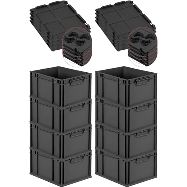 PROREGAL SuperSparSet 8x Eurobox NextGen Color, Schwarz, mit Auflagedeckel, Schiebeschnappverschlüssen, HxBxT 22x30x40cm, 20L, Transportbox aus recyceltem Polypropylen – Bild 1