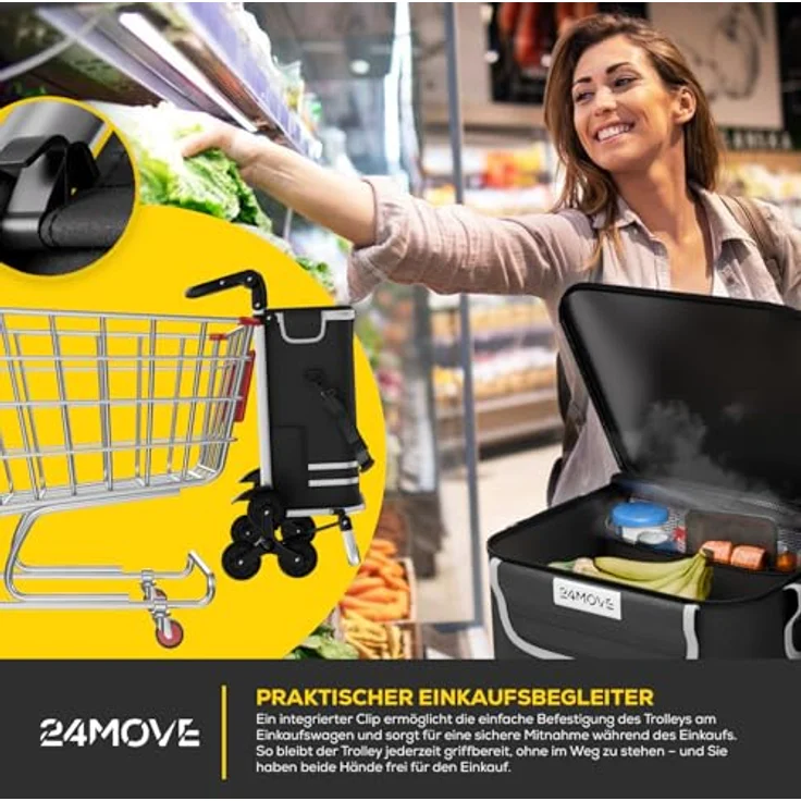 24MOVE® Einkaufstrolley Alegre, klappbar mit 55L Fassungsvermögen, integriertes Kühlfach, faltbarer 3in1 Trolley - Sackkarre und Tasche, bis 30kg belastbar, schwarz – Bild 3