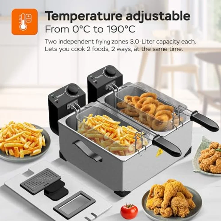 TurboTronic by Z-Line Kaltzonenfritteuse TT-DF2, 3600 W, Pommes & Snacks Friteuse/Fritöse Edelstahl DualZone, 220-240V Steckdosenbetrieb – Bild 2