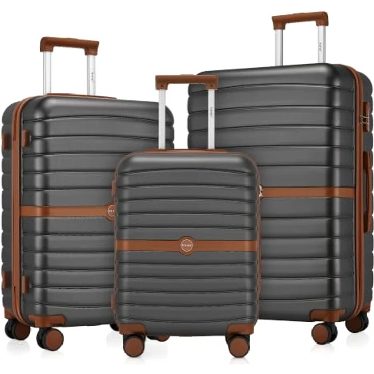 KONO Koffer Set 3-teilig, Hartschalenkoffer aus ABS+PC, leicht, grau/braun, 360° drehbare Doppelrollen, integriertes Zahlenschloss – Bild 1
