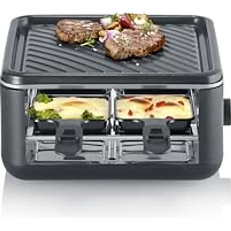 SEVERIN Mini Raclette-Grill für 4 Personen, Black Line, 800W Leistung, mit extra tiefen antihaftbeschichteten Pfännchen