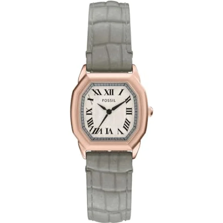 Fossil Harlow Damen Uhr, Quarz-Dreizeigerwerk, roségoldenes Edelstahlgehäuse, cremefarbenes Zifferblatt, graues Echtlederarmband, 30 m Wasserbeständigkeit – Bild 1