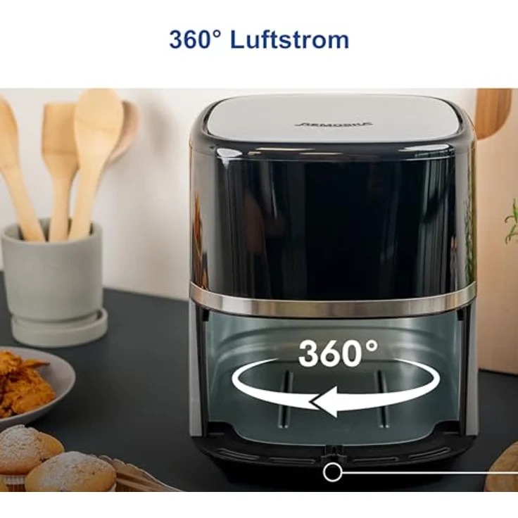 Remoska Heißluftfritteuse Vento R301001 5,5 l, 360° Heißluftstrom, 8 Programme, LCD, Leiser Betrieb 48,9 dB, Non-Stick-Gitter, 1350 W, Schwarz – Bild 3