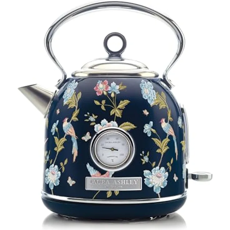 VQ Laura Ashley Elveden Navy, Kabelloser Edelstahl-Wasserkocher mit 1.7 Litern, 2.2 kW Schnellkochtechnologie, Überhitzungsschutz und Temperaturanzeige