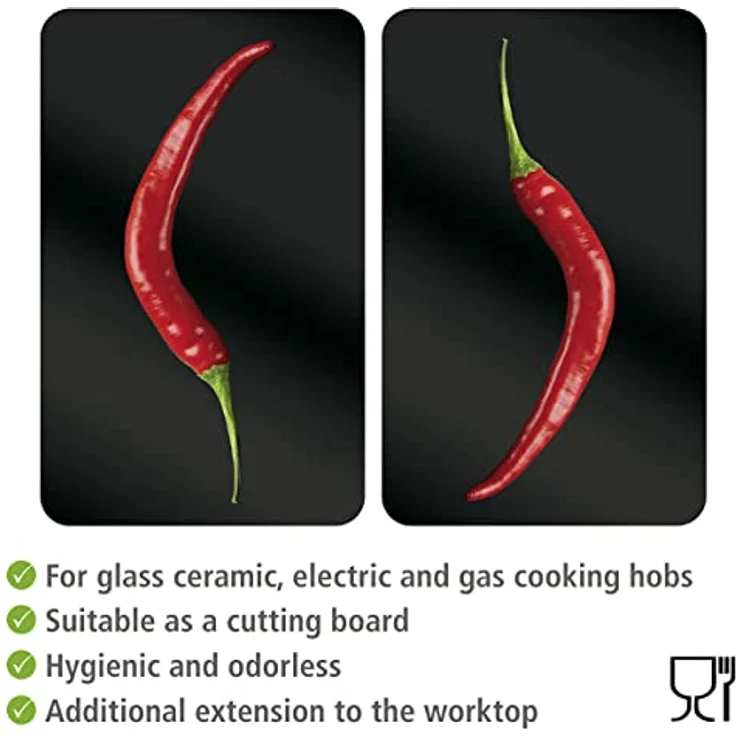 Wenko Herdabdeckplatte Universal Hot Peperoni, 2er Set Herdabdeckung für alle Herdarten, Gehärtetes Glas, 30 x 52 cm, mehrfarbig – Bild 5
