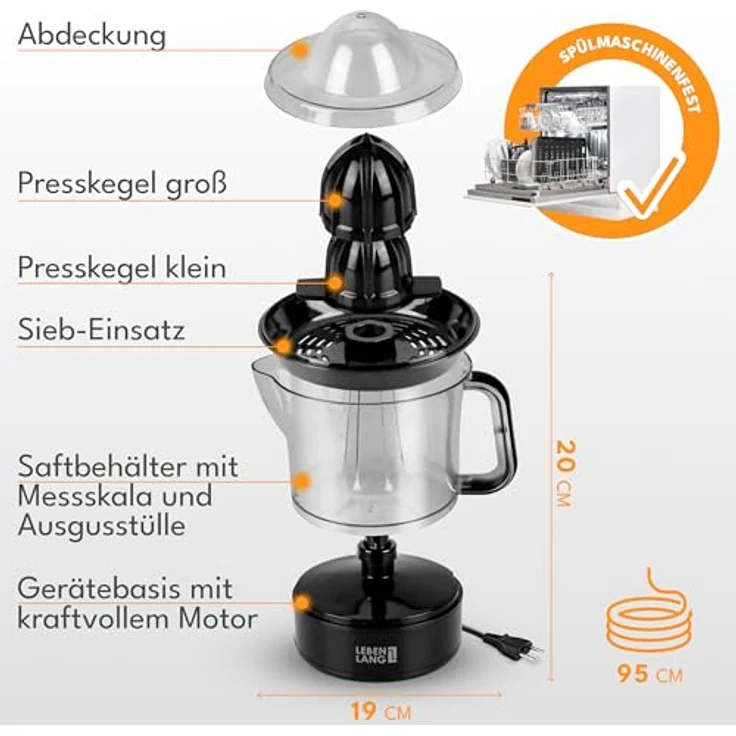 Lebenlang Elektrische Zitruspresse, BPA-frei mit 40W, 2 Drehrichtungen, spülmaschinenfest, Auto ON/OFF, 700ml Behälter – Bild 5