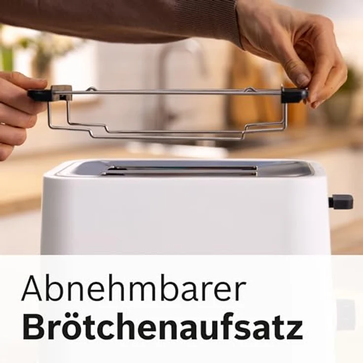 Bosch Kompakt Toaster MyMoment TAT3M121, entnehmbarer klappbarer Brötchenaufsatz, mit Auftaufunktion, Abschaltautomatik, Liftfunktion, Brotzentrierung, ideal für 2 Scheiben, 800 Watt, Weiß matt – Bild 5