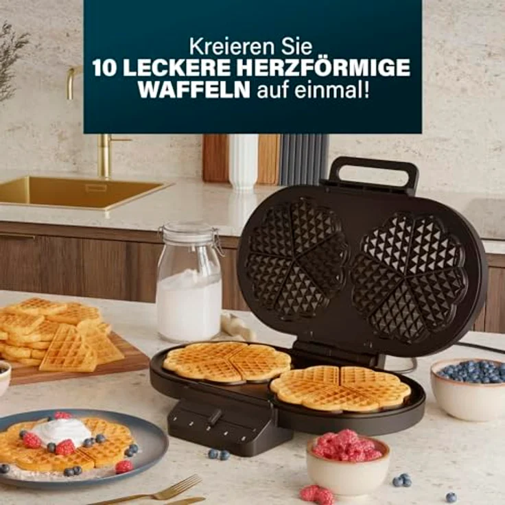 Princess Herzförmiges Waffeleisen, 10 Waffeln pro Backvorgang, 1200W, Thermostat, Antihaftbeschichtung, Cool-Touch-Griffe, Überhitzungsschutz, Vertikale Lagerung, Schwarz – Bild 3