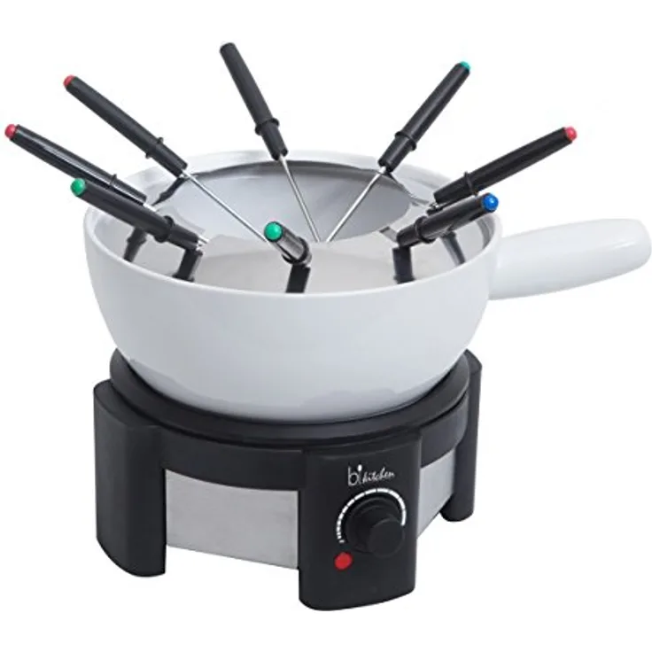BiKitchen Fondue 200, 1500W Fondue-Set mit 8 Fonduegabeln, kabelgebunden, Kontrollleuchte, stufenloser Temperaturregler, Gusseisen- und Keramiktopf
