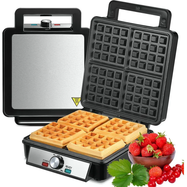 FOHERE Edelstahl Waffeleisen für 4 belgische Waffeln, Antihaftbeschichtung, 1200 W, mit Bräunungskontrolle, schwarz