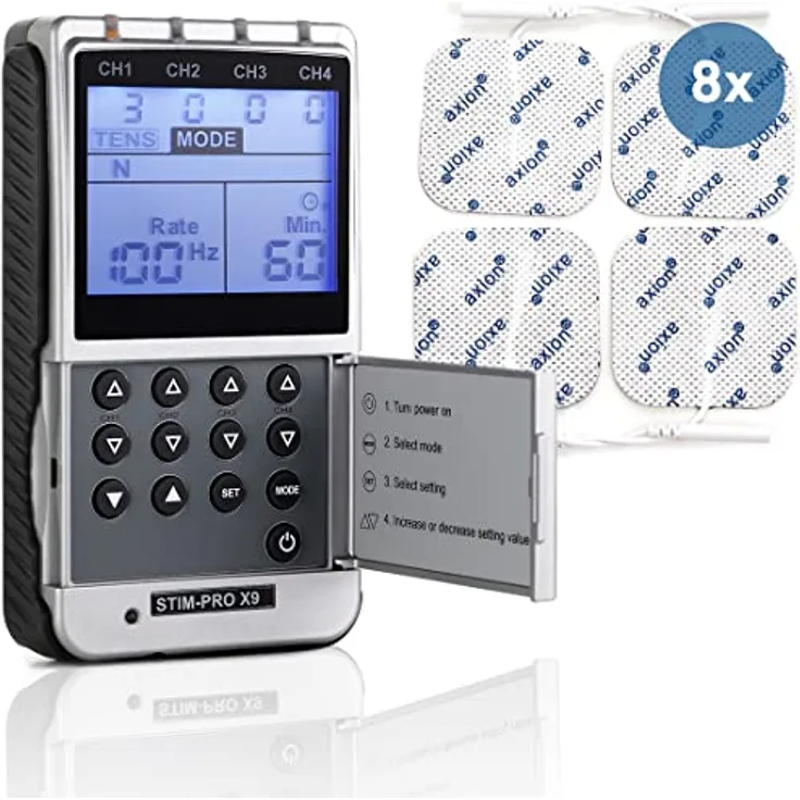 TENS EMS 4 Kanal Kombigerät STIM-PRO X9+ und 8 Stk 5x5 cm Elektroden-Pads, Schmerztherapie, Muskelaufbau und Massage für Bauch, Rücken, Nacken, Schulter usw. - Zertifiziertes Medizinprodukt - axion
