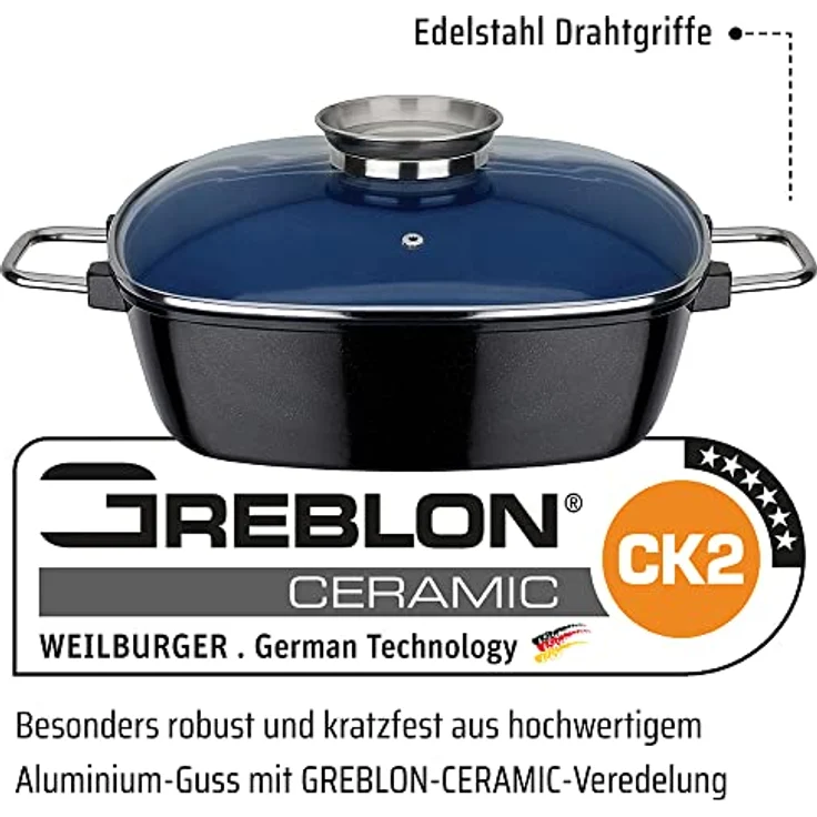 GSW 167413 Ceramica Kobaltblau Induktion Viereckbräter mit Aroma-Glasdeckel 28x28x8,5cm - ca. 5,0 Liter, Aluguss, schwarz-blau, 28 cm, 2-Einheiten – Bild 4