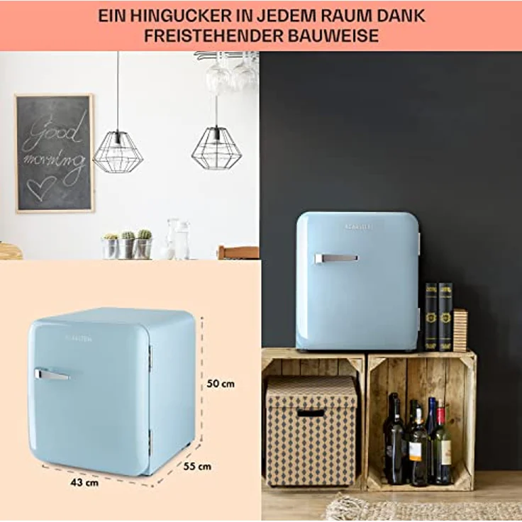Klarstein Audrey 2in1 Minikühlschrank mit Gefrierfach, 32 L Kühlraum, Retro-Design, 50 cm hoch, blau – Bild 6