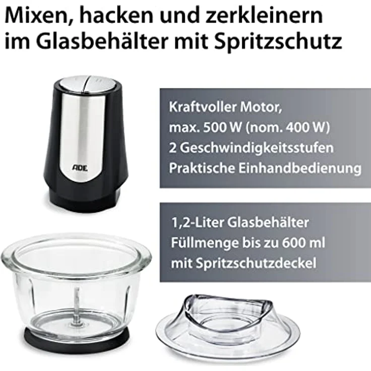 ADE Kraftvoller elektrischer Zerkleinerer | starker 500 W Motor | große 1,2 l Glasschüssel | 4 Edelstahlklingen | 2 Geschwindigkeiten | Zwiebeln, Gemüse, Fleisch | Zwiebelschneider – Bild 2