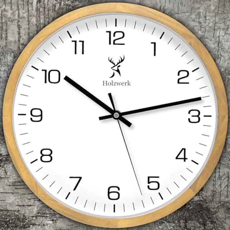 Holzwerk Germany Natur Holz Wanduhr Vintage, lautloses Uhrwerk ohne Tickgeräusche, handgefertigte Buche, Braun Weiß, 30 cm – Bild 5