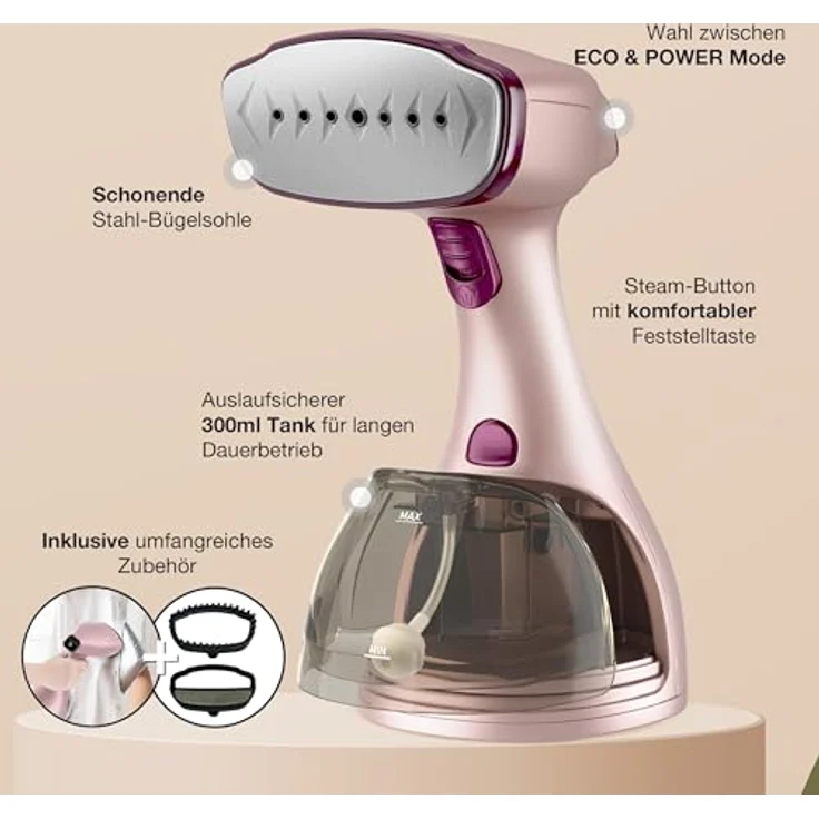 Lebenlang Dampfbügeleisen Steamer Dampfglätter, 1500W, <30 Sekunden Aufheizen, 300ml Wassertank, inkl. Bügelhandschuh, desinfiziert 99,9% der Bakterien – Bild 2
