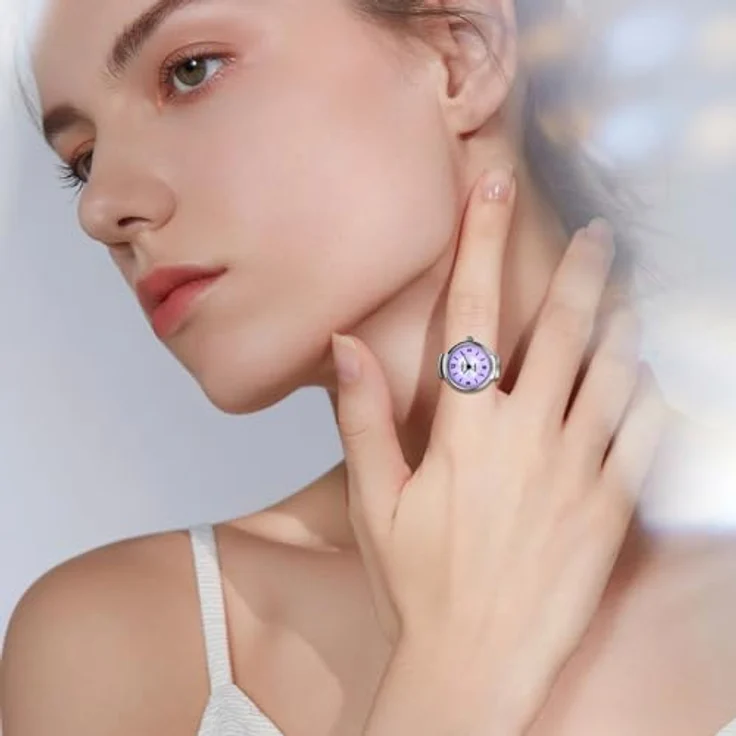 JewelryWe Ringuhr Fingeruhr Damen Elastisch - Klassische Analog Quarz Uhr mit lila Zifferblatt und elastischem Legierungsband – Bild 5