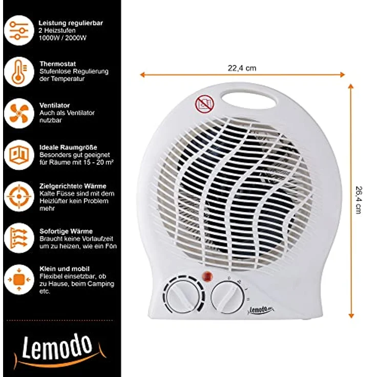 LEMODO Heizlüfter | Elektroheizung mit bis zu 2.000W | Elektrische Heizung für Räume bis 20 qm | Heizgerät mit frei einstellbarer Temperatur | Kompakter Elektroheizkörper – Bild 3