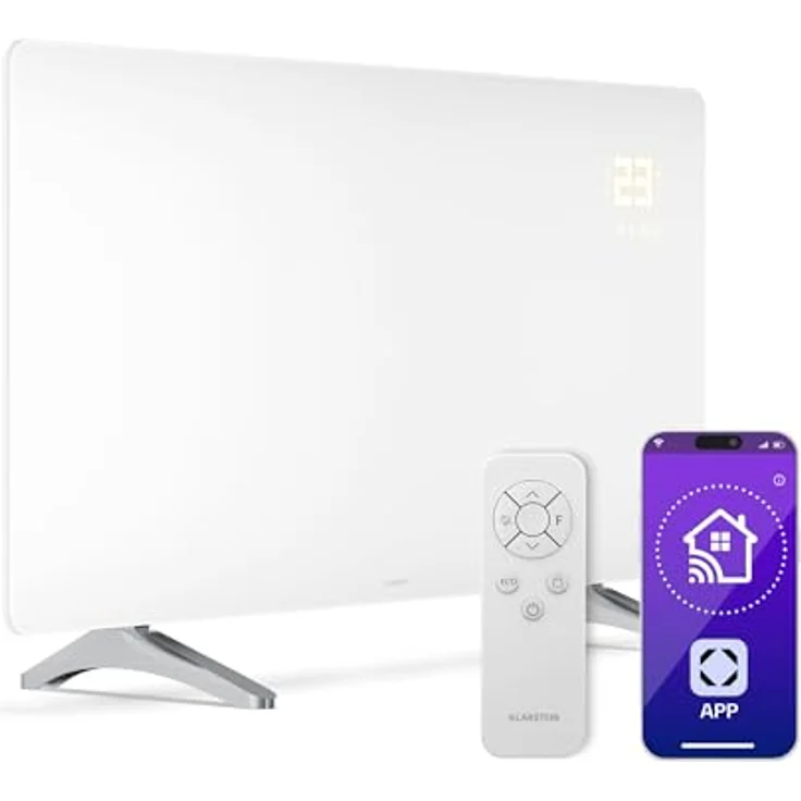 Klarstein Infrarotheizung 720W, Wandmontage & Standgerät, App-Steuerung, Thermostat, Glas-Design, IP43, Überhitzungsschutz, Weiß – Bild 1