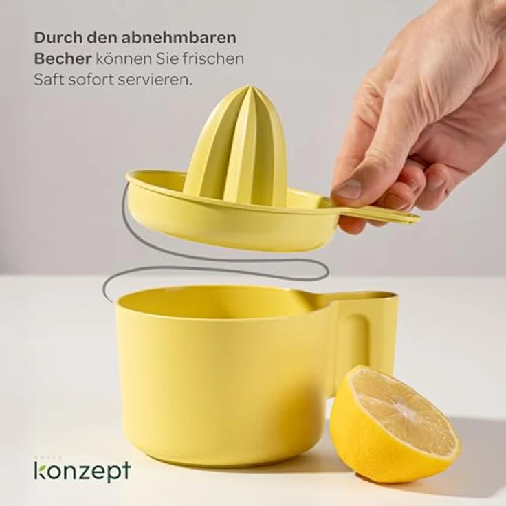 KONZEPT Zitronenpresse, Manuelle Saftpresse aus BPA-freiem Kunststoff, 500 ml Behälter mit Ausguss, für Zitronen, Orangen, Limetten, Gelb – Bild 3