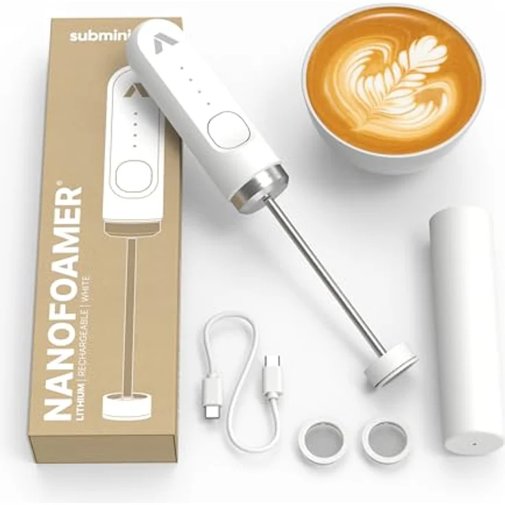 Subminimal NanoFoamer Lithium Handheld Frother, White Special Edition - Wiederaufladbarer, Dual-Speed Microfoamer für Barista-Stil Cappuccinos, Mikroschaum in 30 Sekunden, IP4 wasserdicht, leicht zu reinigen – Bild 1