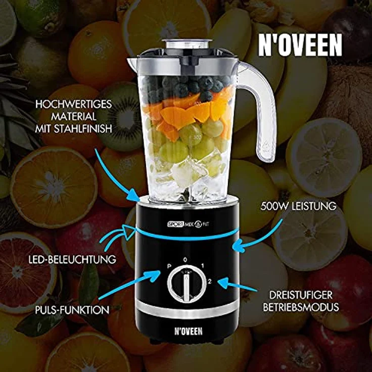 Noveen SB2000, Standmixer mit 500-Watt-Motor, 6-armiger Edelstahlklinge, 3 Flaschen und LED-Beleuchtung, Schwarz – Bild 6