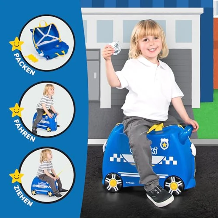 TRUNKI Handgepäck Und Kinderkoffer zum Draufsitzen | Trolley Percy das Polizeiauto (Blau) – Bild 3