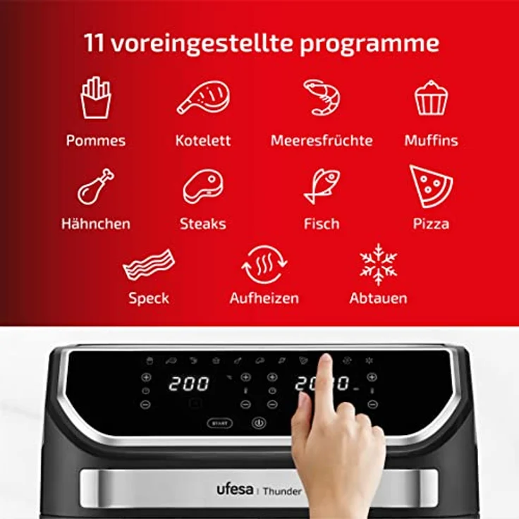 Ufesa Thunder Heißluftfritteuse Doppelkammer Dual Zone, 11 Programme, 9 Liter, 2 große Frittierfächer, 2 unabhängige Garzonen, 1700W, digitale Steuerung, Antihaftbeschichtung – Bild 4