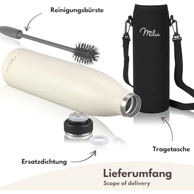 Milu Edelstahl Trinkflasche 1L, doppelwandig isolierte Wasserflasche in Buttercream, auslaufsicher und kohlensäuregeeignet – inkl. Reinigungsbürste – Bild 5