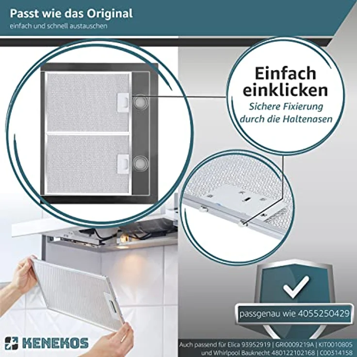 Kenekos Metallfettfilter, 305 x 267 mm, spülmaschinenfest, geeignet für AEG, Elica und Whirlpool Dunstabzugshauben – Bild 4