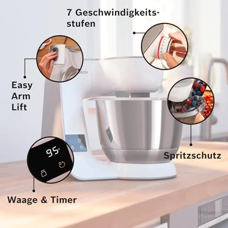 BOSCH Küchenmaschine Serie 4 MUM5XL74, 1000 W, integrierte Waage, 9,4 l Edelstahlschüssel, Mixer, Weiß, mit Fleischwolf und Würfelschneider – Bild 3