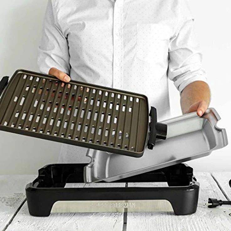 George Foreman Grill Smokeless Tischgrill, raucharmer Indoor BBQ Grill inkl. spülmaschinenfesten Grillrost, Fettauffangschale, vertikale Verstaumöglichkeit, verstellbare Temperatureinstellung,25850-56 – Bild 6